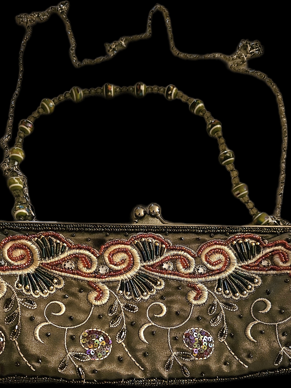 ALDO  Embroidered Olive Green Evening Clutch with Beaded Strap